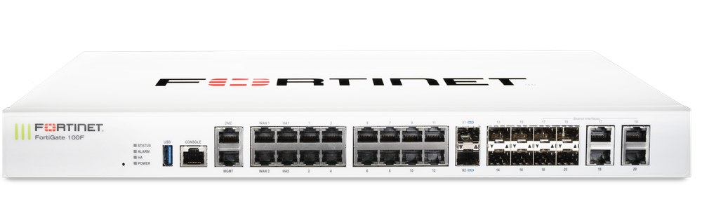 FortiGate-100F 22 x GE RJ45 ports (including 2 x WAN ports, 1 x DMZ port, 1 x Mgmt port, 2 x HA ports, 16 x switch ports with 4 SFP port shared media), 4 SFP ports, 2x 10G SFP+ FortiLinks, dual power 